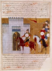 Mongolen belagern eine persische Festung, Miniatur aus „Jami al-tawarikh“ oder „Universalgeschichte“ von Historiker Rashid al-din