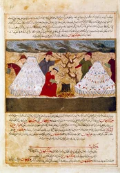 Mongolen beim Kochen, persische Miniatur aus „Jami al-tawarikh“ oder „Universalgeschichte“ von Historiker Rashid al-din