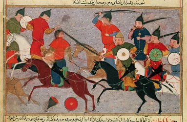 Ms Pers.113 f.49 Dschingis Khan (ca. 1162-1227) in der Schlacht, aus einem Buch von Rashid-al-Din (1247-1318)