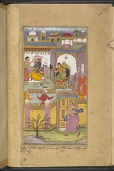 Bhima kommt im Schloss von Dvaraka an, um Krishna zur ‚asvamedha‘ einzuladen. Krishna, der mit seiner Frau Satyabhama zusammen ist, tut so, als ob er nichts hört. (Bhawani) aus dem 