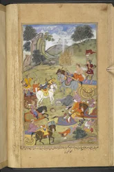 Der Gott Agni erschafft das Feuer, um seinem Schwiegervater Raja Niladhvaja von Malwa zu helfen, während Arjuna die Flammen mit magischen Pfeilen löscht, die Wasserquellen erzeugten (Ahmad Kashmiri) aus dem 