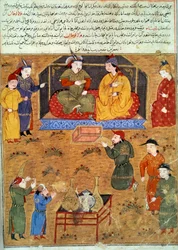 Darstellung von Houlagou Khan (1217-1265), er ist der Enkel von Dschingis Khan. Persische Miniatur aus „Jami al-tawarikh“ (Jami al-tawarikh) oder „Universalgeschichte“ von Historiker Rashid al-din (al din) (1247-1318) um 1430. Paris, B.N.