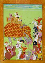 Darstellung von Murad Baksh (1624-1661), Sohn des Mogulkaisers Shah Jehan, kämpfend auf einem Elefanten. Persische Miniatur des 17. Jahrhunderts Paris, B.N.