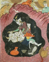 Rostam tötet den Weißen Dämon in einer Höhle, Illustration aus dem Shahnama (Buch der Könige) von Abul-Qasim Manur Firdawsi