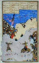 Rustam erschießt Ashkabus und sein Pferd, Illustration aus dem 
