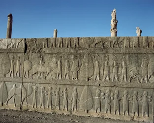 Unterworfene Völker bieten Darius I. Geschenke an. Reliefs der östlichen Treppe der Apadana, 6. Jahrhundert v. Chr.