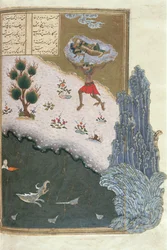 Der schlafende Rustam wird von dem Dämon Akwan durch die Luft getragen, Illustration aus dem Shahnama (Buch der Könige) von Abul-Qasim Manur Firdawsi (ca. 934-ca. 1020) ca. 1440-45