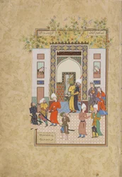 Der Säuglingszeuge bezeugt Yusufs Unschuld, Folio aus einem Haft Awrang (Sieben Throne) von Jami (gest. 1492), wahrscheinlich Mashad, Khurasan, Iran, Safawiden-Dynastie, 1556-1565