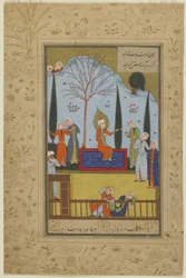 Zulaykhas Mägde unterhalten Yusuf im Garten, ca. 1575
