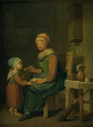 Eine Bäuerin, die ihrer Tochter etwas zu essen gibt