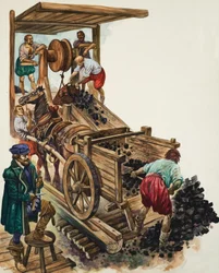 Ein Zähler notiert, wie viele Kohleladungen die Mine verlassen, während ein Bergmann einen Wagen füllt und andere mehr an die Oberfläche heben