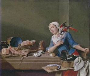 Küchenstillleben mit weiblicher Figur und Papagei (Das Gefühl)