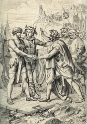 Landung von Hengest und Horsa, Figuren der angelsächsischen Legende, die die beiden als germanische Brüder darstellen, die die Angeln, Sachsen und Jüten anführten, die im 5. Jahrhundert die ersten Gebiete Britanniens eroberten