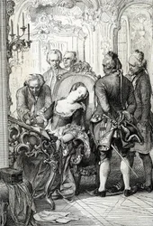 Königin Caroline Mathilde (Caroline-Mathilde) von Dänemark (1751-1775) wird nach ihrer außerehelichen Affäre im Jahr 1772 gezwungen, die Scheidungsdokumente zu unterzeichnen (Königin Caroline Mathilde von Dänemark unterzeichnet im April 1772 wegen