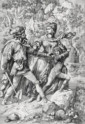 Königin von England Margaret von Anjou (1430-1482) und ihr Sohn Edward werden während ihrer Flucht nach dem Triumph der Yorkisten von einem Räuber gerettet