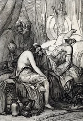 Der Tod des Königs der Hunnen Attila (395-453) während seines Schlafes in der Hochzeitsnacht mit der Germanin Ildico, 453