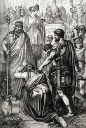 Vandalenkrieg: Die Kapitulation des Vandalenkönigs Gelimer vor dem byzantinischen General Belisarius (500-565) im März 534, Karthago, Afrika