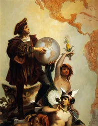 Christoph Kolumbus (1451-1506), Detail aus Allegorie auf Karl V. von Habsburg (1500-1558) als Herrscher der Welt, Gemälde von Peter Johann Nepomuk Geiger (1805-1880), Thronsaal, Schloss Miramare, Triest, Friaul-Julisch Venetien, Italien