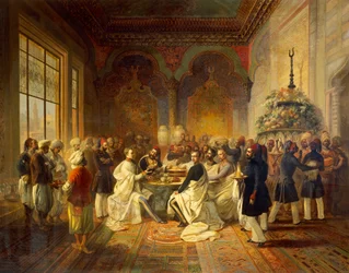 Mittagessen in Smyrna von Halim Pascha, Illustration aus Die Reise von Maximilian von Habsburg und seinem Bruder Karl Ludwig im Mittelmeer, von Peter Johann Nepomuk Geiger