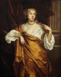 Porträt der Hon. Mary Wharton, stehend, Dreiviertellänge, in einem weißen Hemd und gelbem Gewand neben einer weinroten Draperie