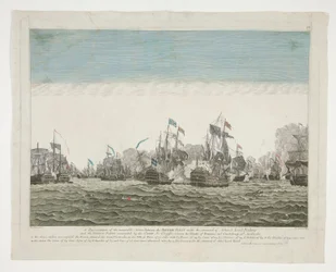 Eine Darstellung der denkwürdigen Aktion zwischen der britischen Flotte unter dem Kommando von Admiral Lord Rodney und der französischen Flotte unter dem Kommando des Grafen de Graffe, zwischen den Inseln Dominica und Guadeloupe am 12. April 1782