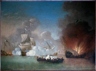 Seeschlacht zwischen einem portugiesischen Kriegsschiff und stacheligen Piratengaleeren - Gemälde von Peter Monamy, ca. 1685