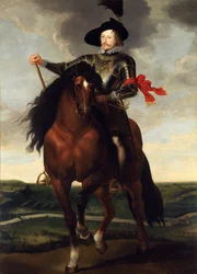 Reiterporträt von Kronprinz Wladyslaw Wasa mit der Schlacht von Chotyn im Hintergrund
