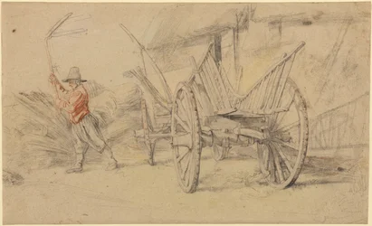 Ein Mann beim Dreschen neben einem Wagen, Farmgebäude dahinter