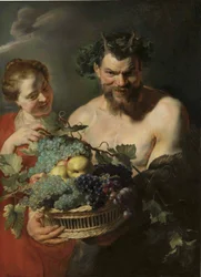 Ein Satyr hält einen Korb mit Trauben und Quitten mit einer Nymphe, von Peter Paul Rubens