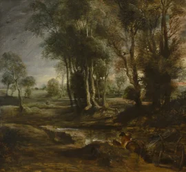 Abendlandschaft mit Holzfuhrwerk, 1630-1640