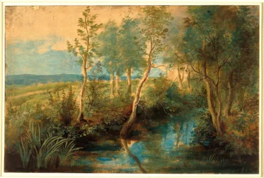 Landschaft mit Bach unter Bäumen