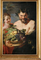 Mänade und Satyr mit einem Korb voller Früchte