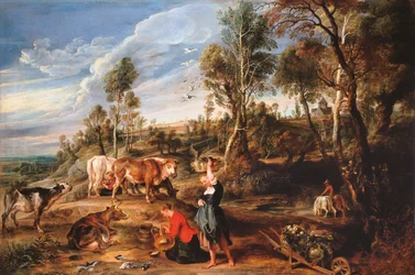 Melkerinnen mit Vieh in einer Landschaft, „Der Bauernhof in Laken“