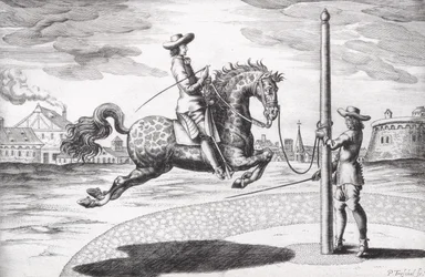 Ein Pferd en Capriole aus Neuem Traktat zur Pferdezucht, geschrieben von Winters, Stuterey und Reit-Schul, 1672