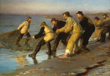 Fischer ziehen am Skagener Strand Netze