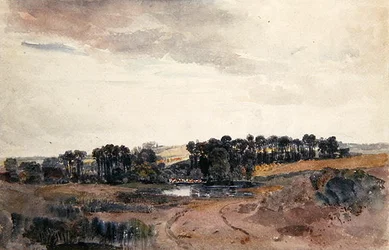 Landschaft mit Bäumen und Vieh an einem Teich
