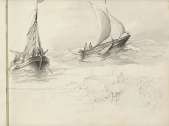 Zwei Segelschiffe mit Figuren auf See