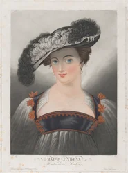 Porträt von Susanna Lunden, mit breitkrempigem Hut mit Federn