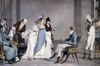 Die Orange, von Louis-Philibert Debucourt, Szene mit etruskisch inspirierten Directoire-Möbeln, Frankreich