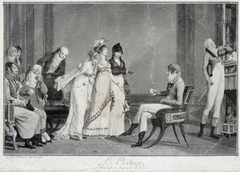 Die Orange oder das moderne Urteil des Paris Parodie des Urteils des Paris, inszeniert einen jungen Mann in der Mode des Directoire, der zwischen drei Wunderschönen wählt. Drucke von Philibert Louis Debucourt, um 1800