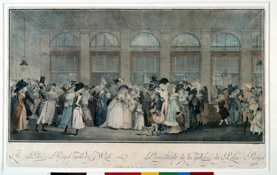 Spaziergang durch die Galerie des Königspalastes im Jahr 1787. Gravur von Louis Philibert Debucourt (1755-1832)
