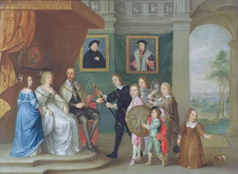 Thomas Howard, 14. Earl of Arundel, erhält von seinen Kindern Waffen anlässlich seiner Ernennung zum Befehlshaber der Armee gegen Schottland im Jahr 1639