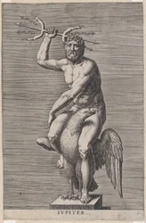 Tafel 2: Jupiter, Statue des nackten Gottes, der auf einem Adler sitzt und einen Doppeltrident hält, 1586