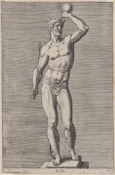 Platte 4: Apollo, Statue des nackten Gottes auf einem Sockel, mit einer Krone und einem...