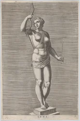 Tafel 7: Diana, Statue der nackten Göttin, die auf einem Sockel steht und einen Halbmond trägt, 1586