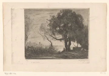 Landschaft mit Flötenspieler unter einem Baum und Silhouette einer Stadt