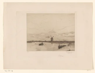 Kanal mit Ruderboot in einer Wiesenlandschaft mit Mühle