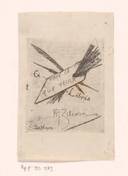 Ex Libris mit Federn, Pinseln und Palette