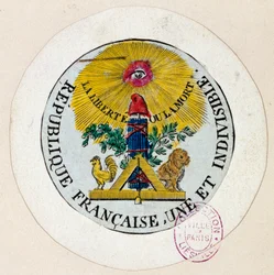 Französische Revolution: Siegel, verziert mit Symbolen der Republik und der Freimaurerei. Kupferstich von Philippe Auguste Hennequin (1762-1833), 1792. Paris, Musée Carnavalet