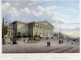 Die Abgeordnetenkammer (Nationalversammlung) - in „Spaziergang durch Paris und seine Umgebung“, entworfen von Jacottet und Benoist, um 1840